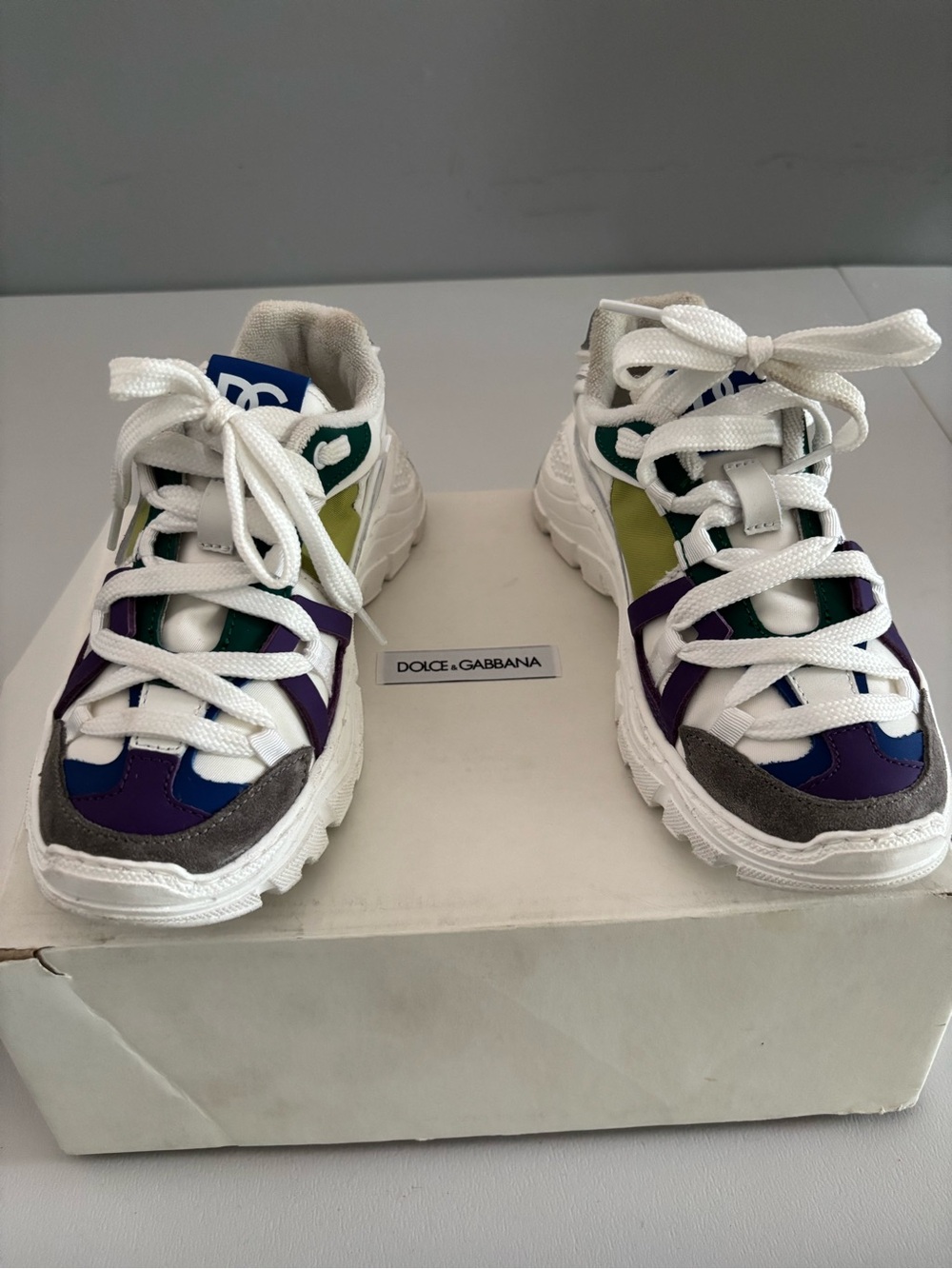 Dolce & Gabbana Kids White Sneakers with Purple, Green & Blue Accents